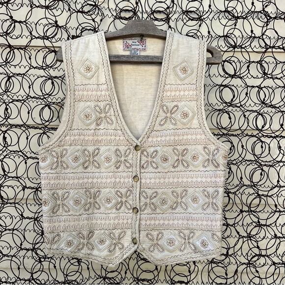 Vintage Jackets & Blazers - Vintage Cottagecore Pastel Embroidered Linen Cotton Blend Vest Granola Gorp MED